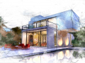 Draft of white villa with pool