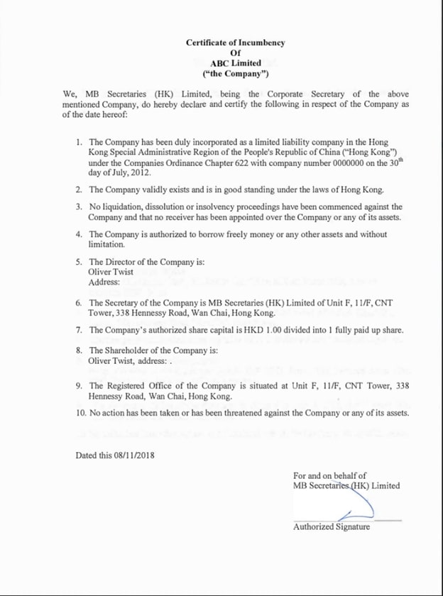 Certificate of Incumbency