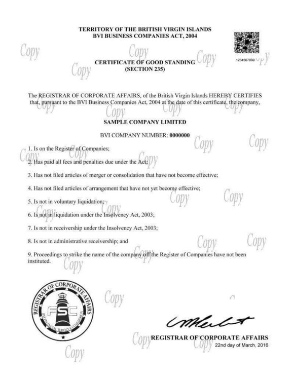 Certificate of Good Standing БВО