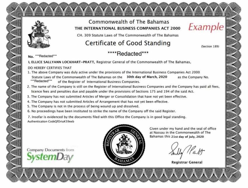 Certificate of Good Standing Багамы