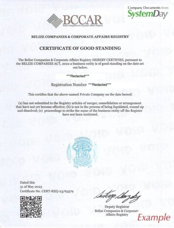 Certificate of Good Standing Белиз