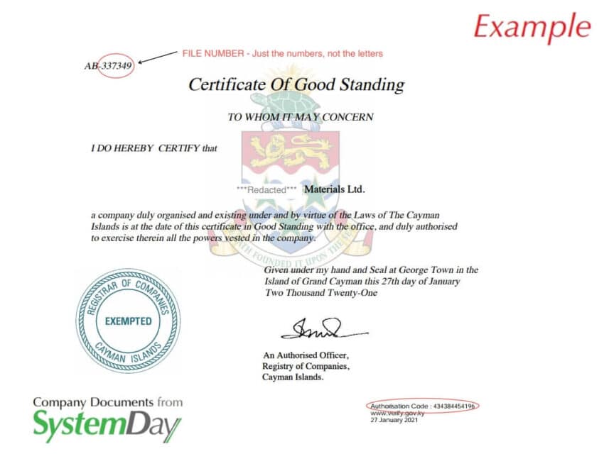 Certificate of Good Standing Каймановы Острова