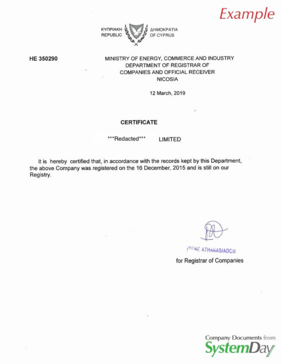Certificate of Good Standing Кипр