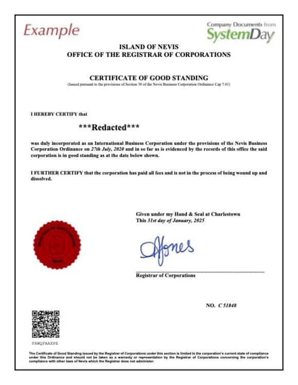 Certificate of Good Standing Невис
