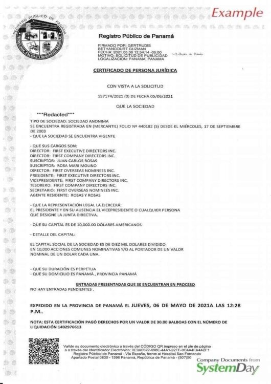 Certificate of Good Standing Панама
