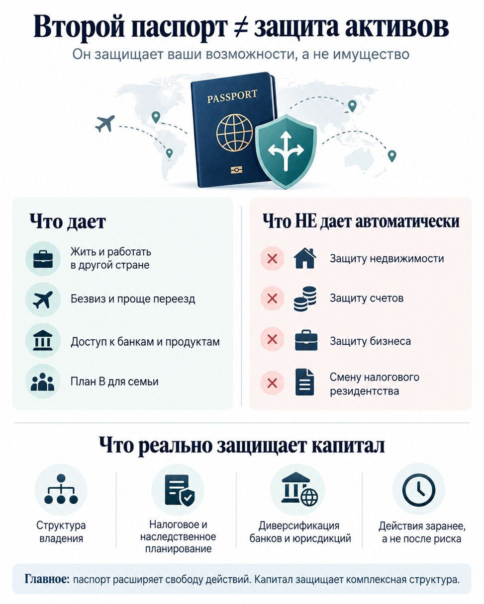 Инфографика объясняющая защиту активов и роль второго паспорта